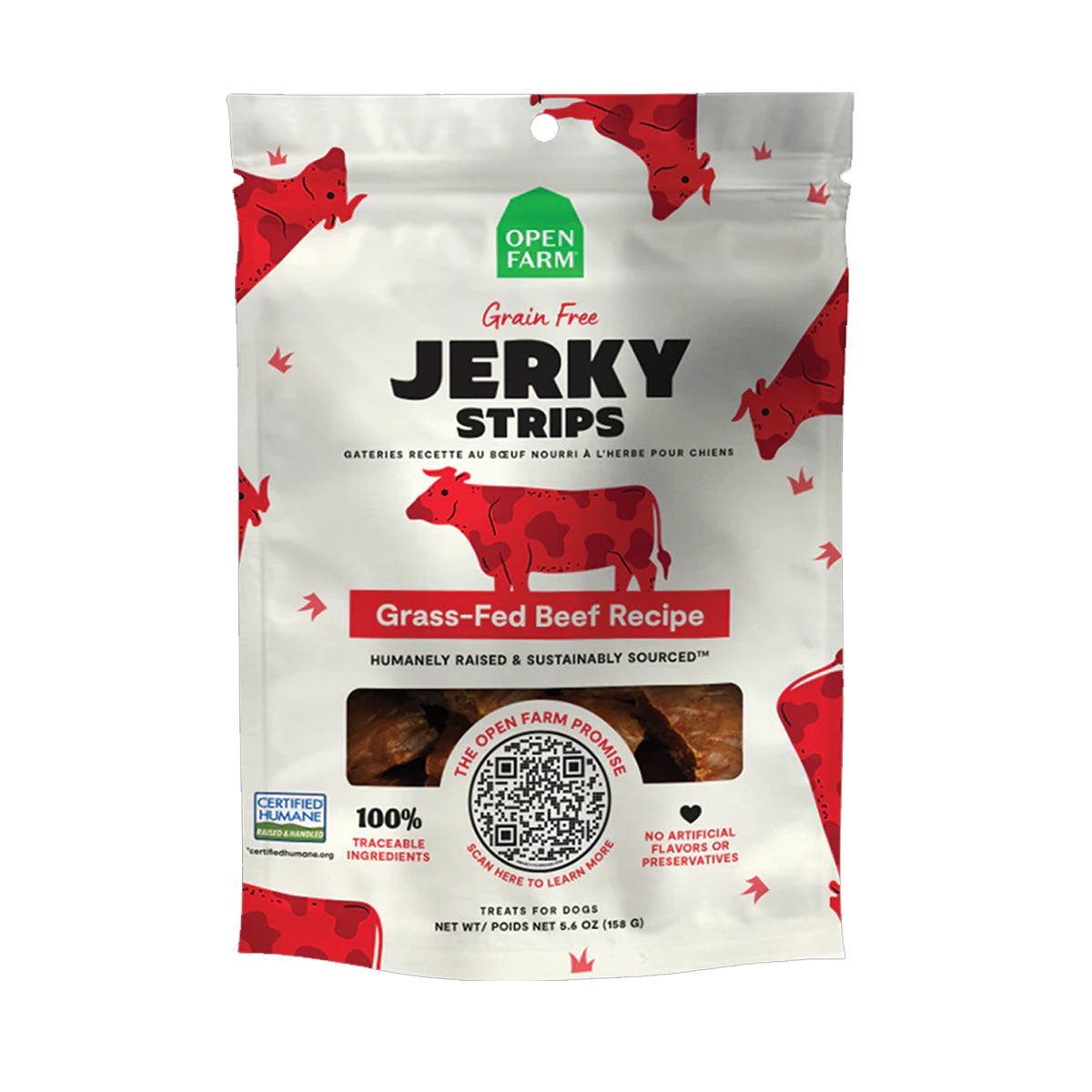 Open Farm Grain Free Jerky Strips Grass-Fed Beef Dog Treat 158g