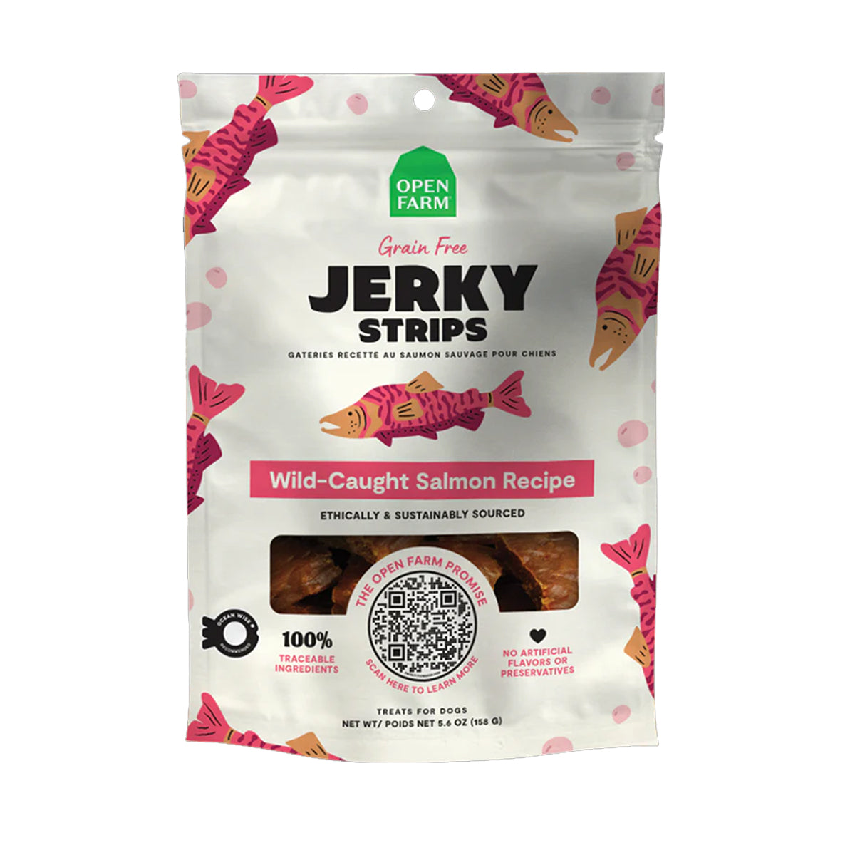 Open Farm Grain Free Jerky Strips Wild Caught Salmon Dog Treat 158g