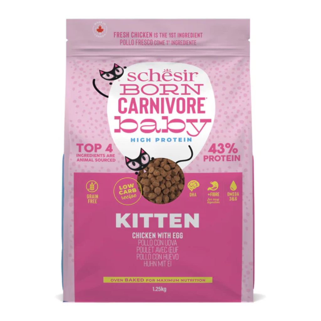 Schesir Born Carnivore Grain-Free High-Protein Kitten Dry Food 1.25 kg – Chicken & Egg Oven-Baked Formula