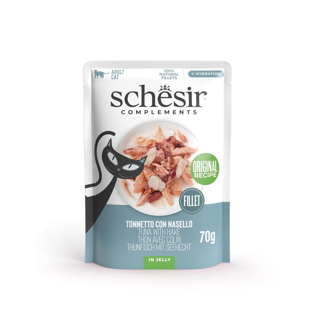 Schesir Cat Wet Food Tuna & Hake 70g – 12 Pack Pouches, Complements in Jelly