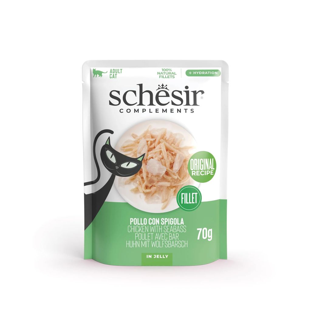 Schesir Complements Wet Cat Food in Jelly 70g – Chicken with Seabass, 12PC