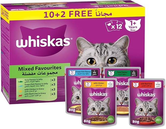 Whiskas Mixed Favourites Wet Cat Food 10+2 Multipack – 12X80G