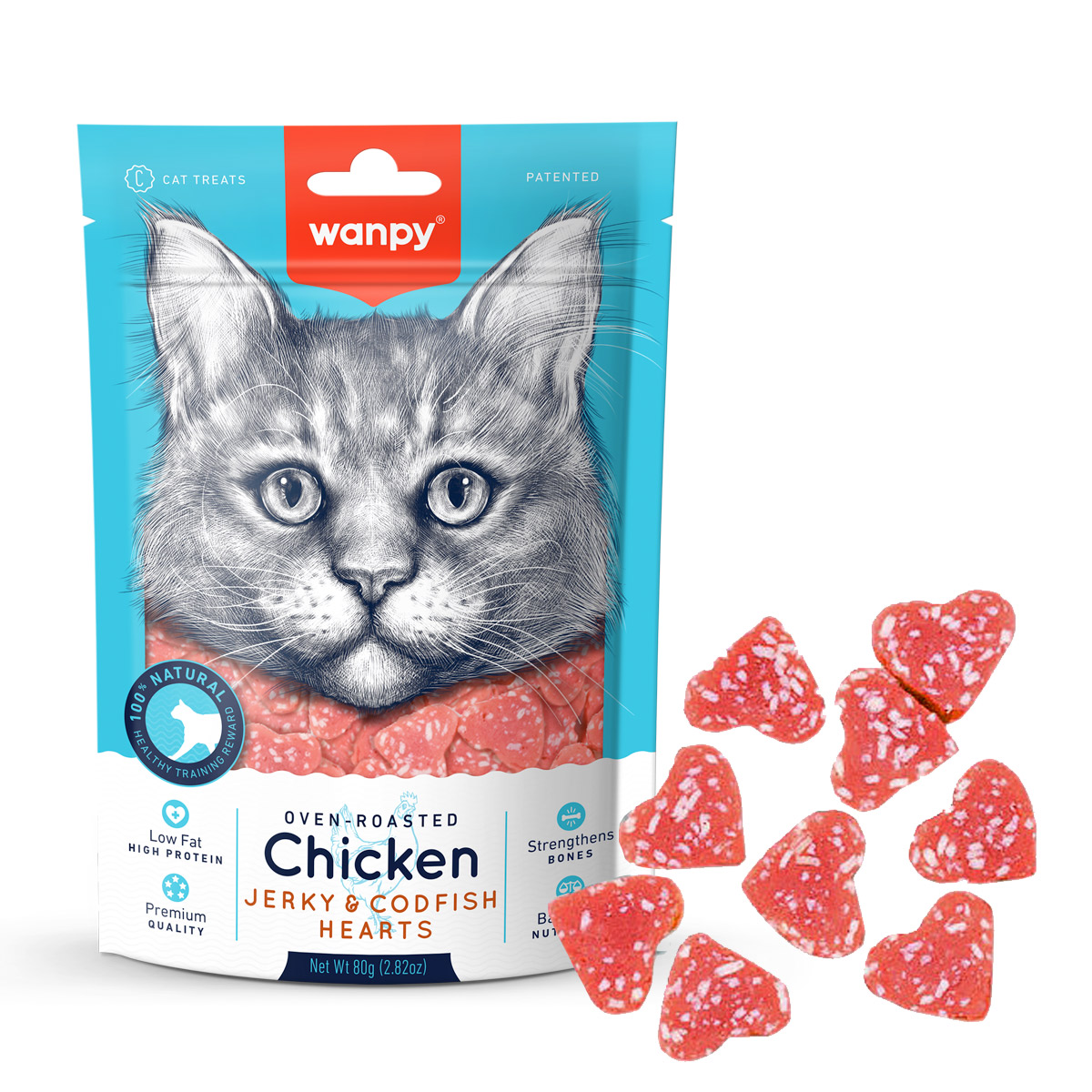 Wanpy Chicken Jerky &amp; Codfish Hearts for Cats 80g
