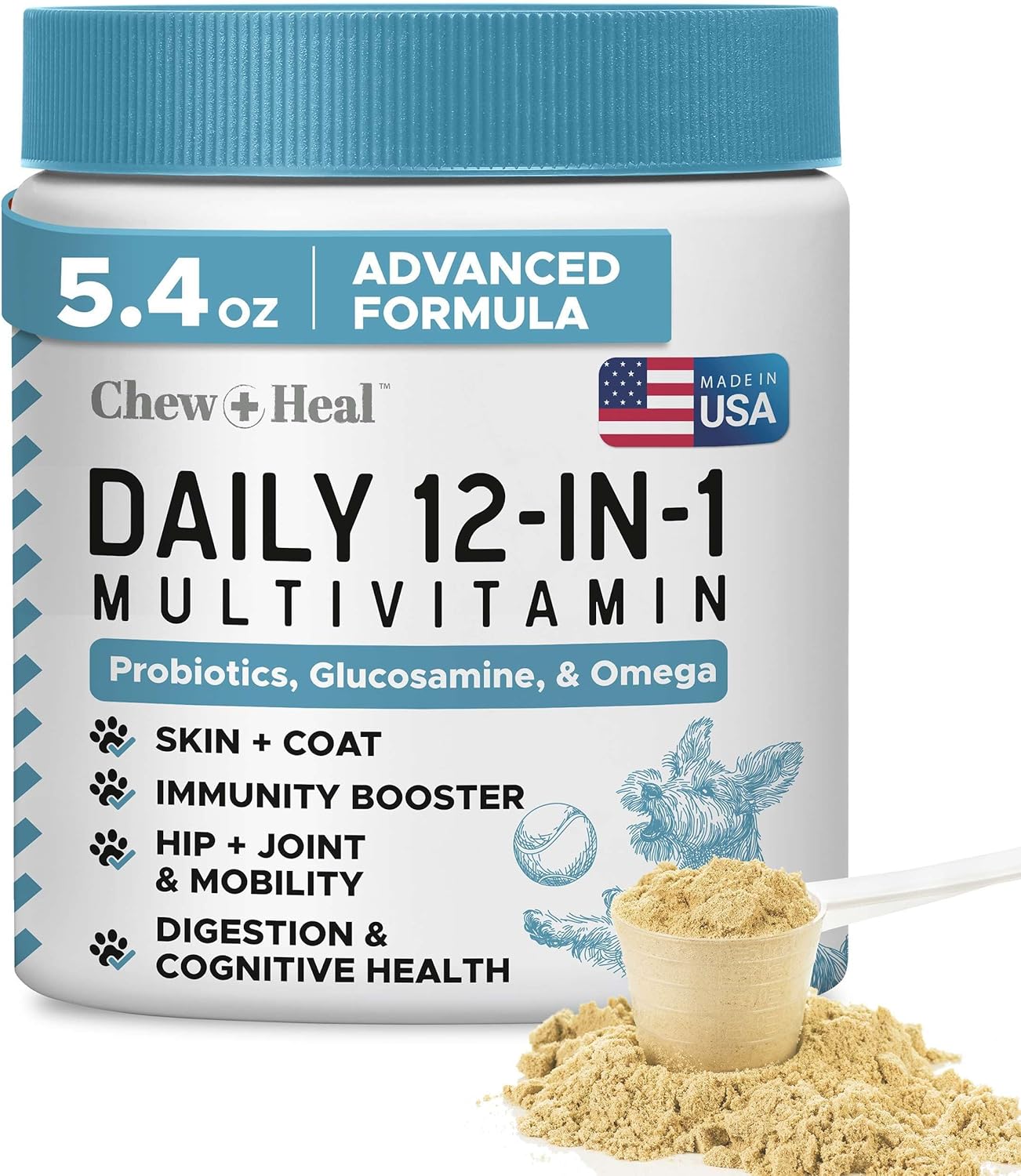 Chew + Heal Daily 12-in-1 Multivitamin, Multifunctional Wellness Powder Supplement for Dogs 5.4 Oz