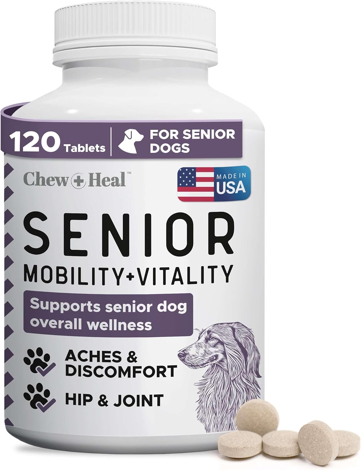 Chew + Heal Senior Mobility + Vitality Hip & Joint & Mood Support Chewable Tablets Supplement for Dogs, 120 count