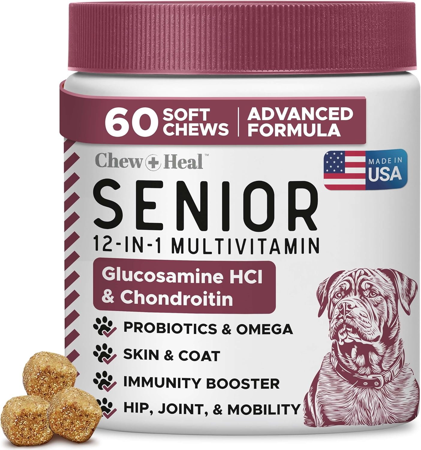 Chew + Heal Senior 12-In-1 Advanced Multivitamin Soft Chews Supplement for Senior Dogs, 60 count