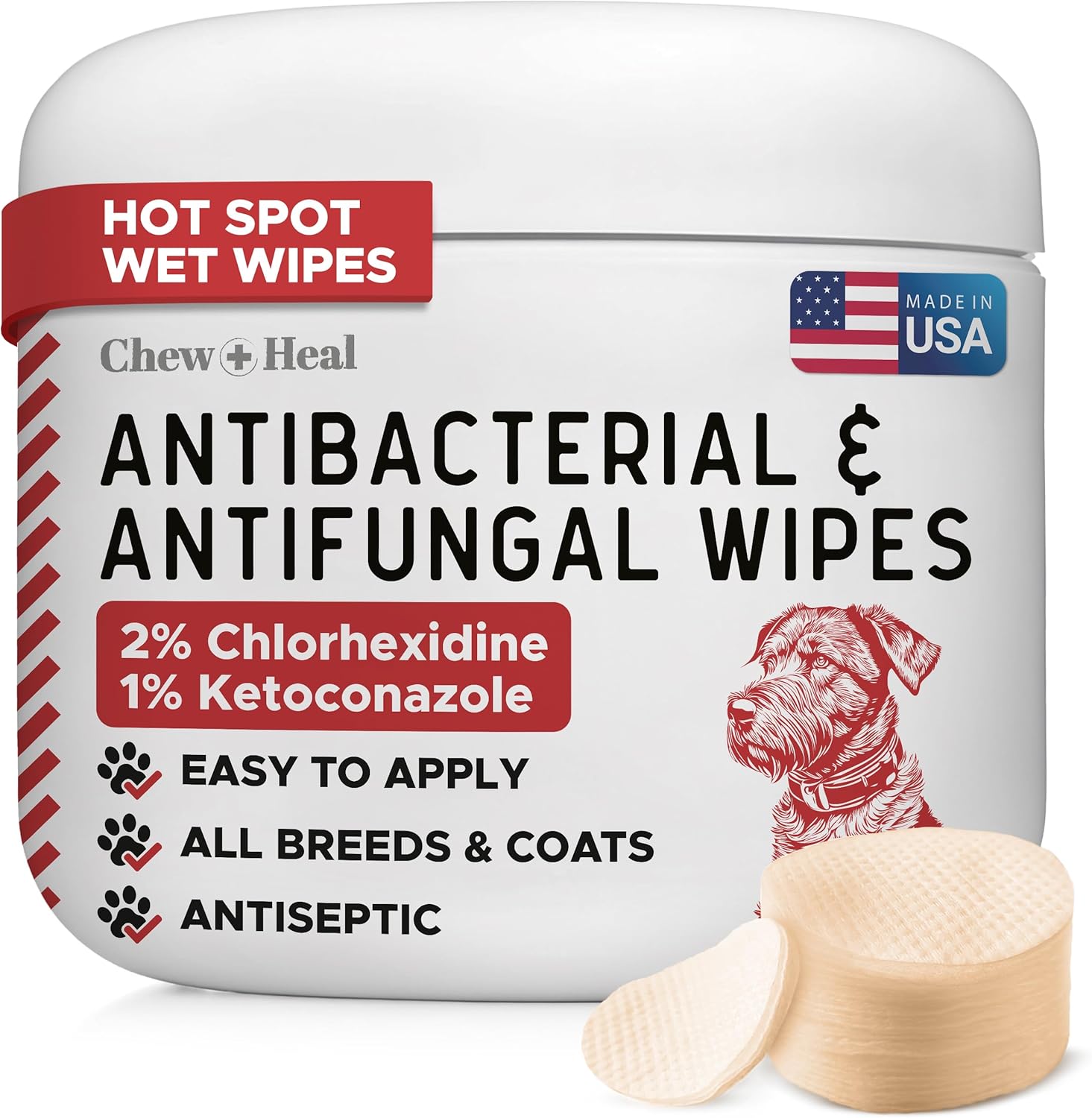 Chew + Heal Antibacterial & Antifungal Chlorhexidine & Ketoconazole Dog & Cat Grooming Wipes - 50 wipes