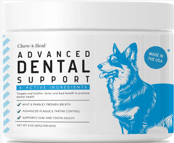 Chew + Heal Advanced Dental Support Powder with 6 Active Ingredients Dental Supplement for Dogs 8 oz
