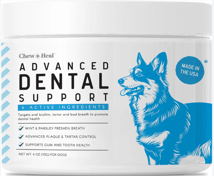 Chew + Heal Advanced Dental Support Powder with 6 Active Ingredients Dental Supplement for Dogs 4 oz