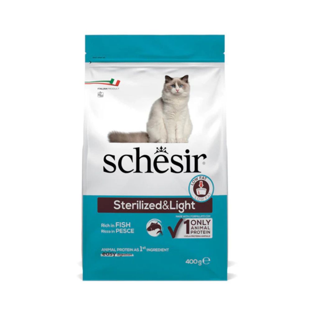 Schesir Cat Dry Food Sterilized & Light Fish 400g – Weight Control Formula for Sterilized Adult Cats