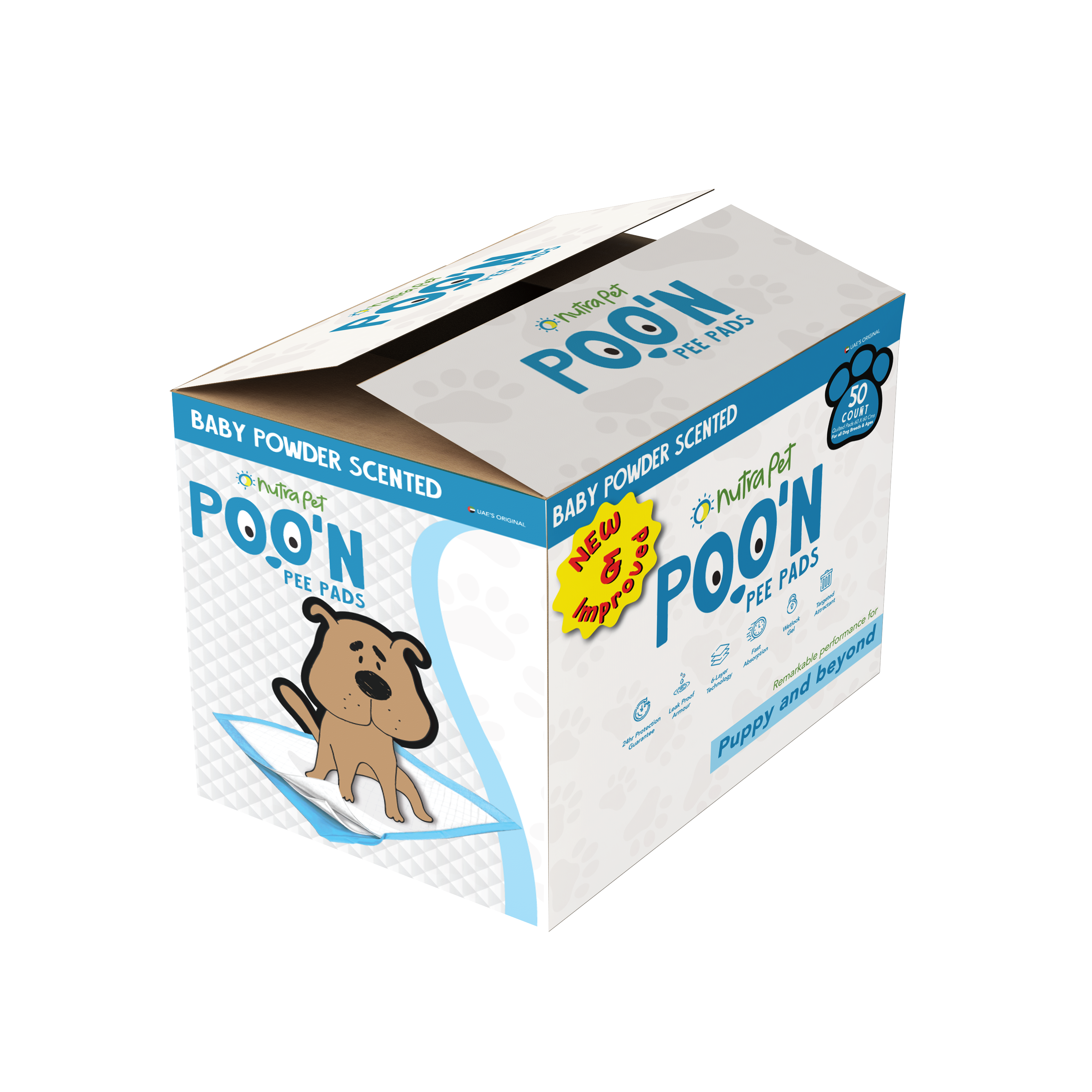 NutraPet Poo N Pee Pads Baby Powder Scented - Fast Absorption With Floor Mat Stickers (60x60cms) - 50 Count puppy pads