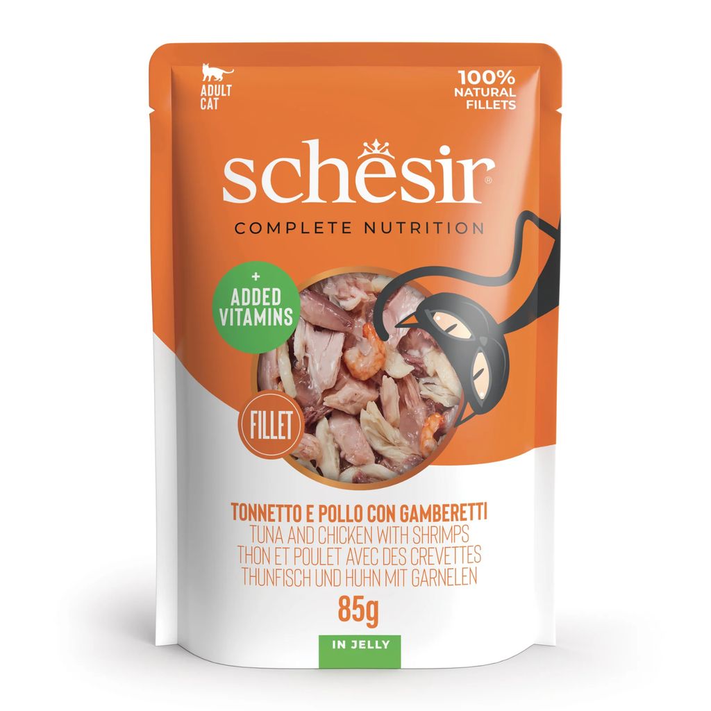 Schesir Cat Wet Food Tuna & Chicken with Shrimp 85g – 12 Pack Pouches, Complete & Balanced