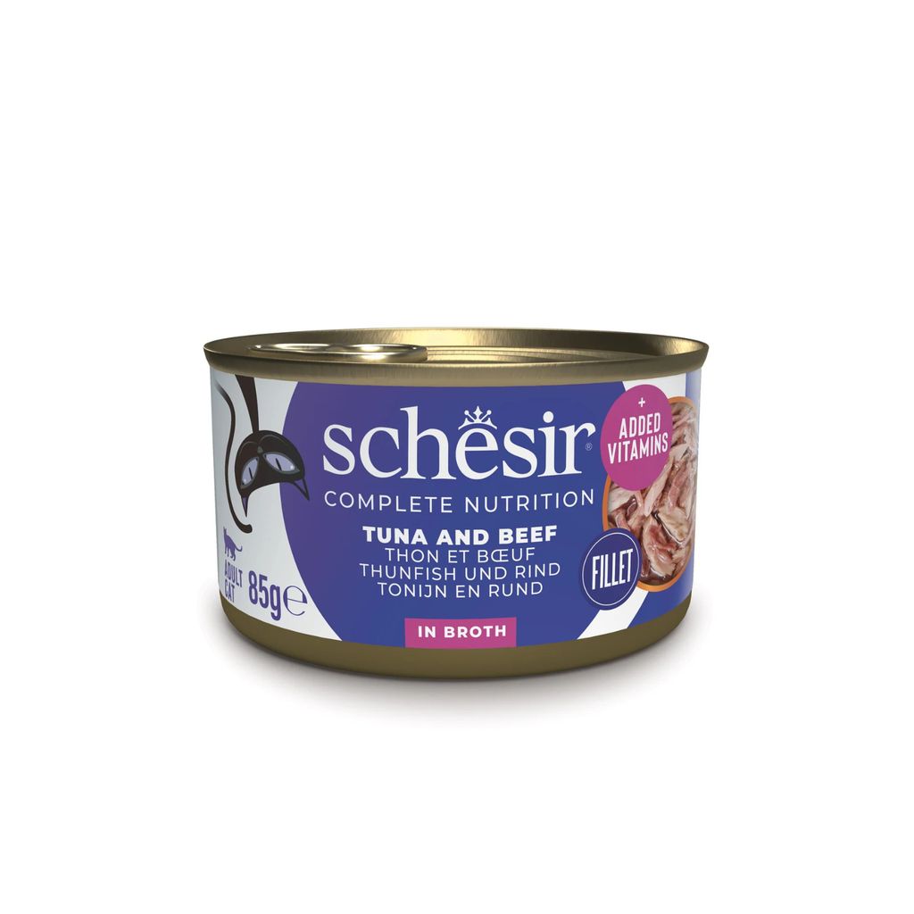 Schesir Cat Wet Food Tuna & Beef 85g – 12 Pack Cans, Complete & Balanced in Broth