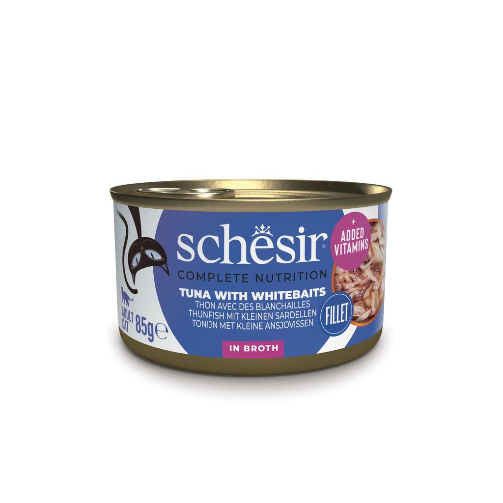 Schesir Cat Wet Food Tuna & Whitebait 85g – 12 Pack Cans, Complete & Balanced in Broth