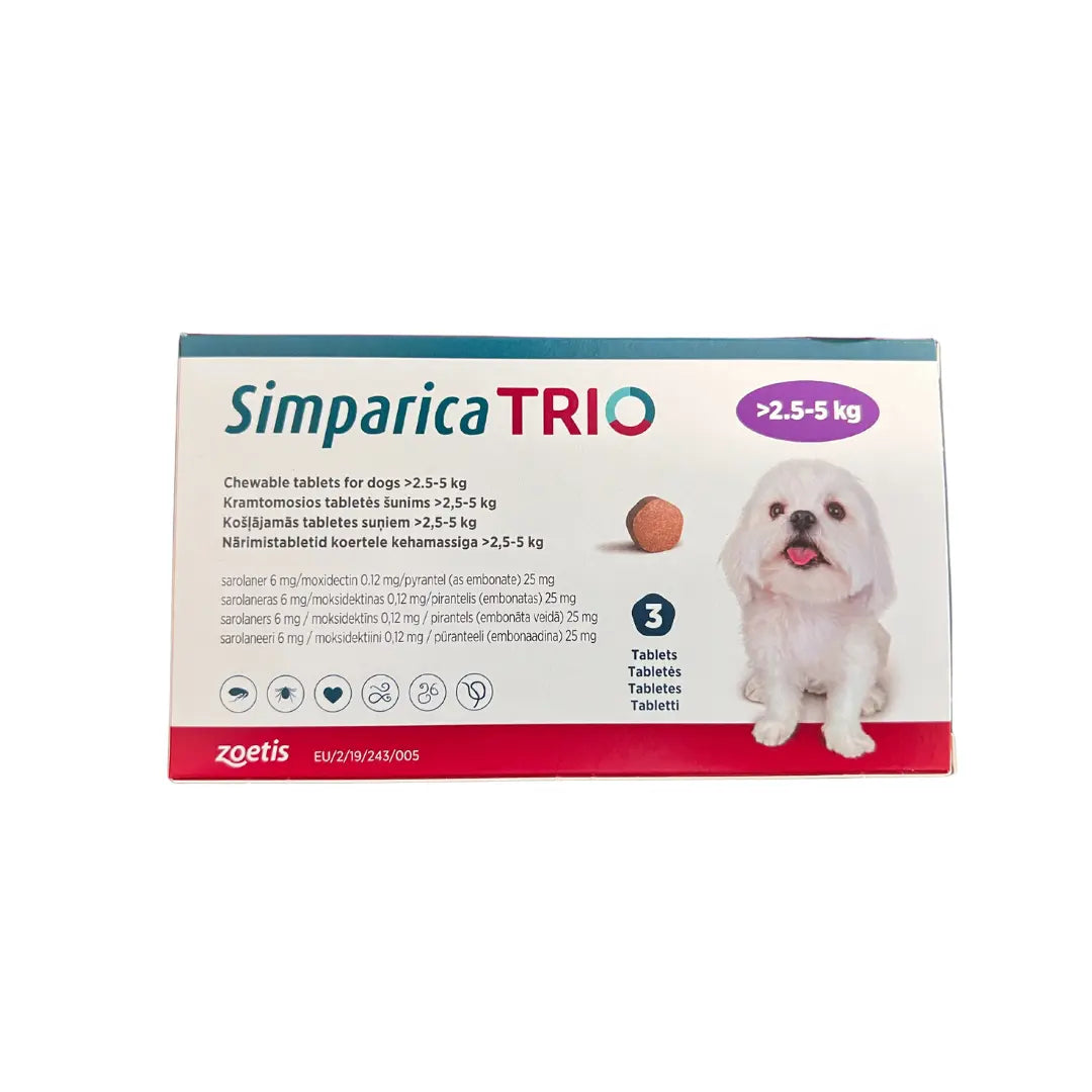 SIMPARICA TRIO ANTIPARASITIC & DEWORMING CHEWABLE TABLETS FOR DOGS (2.5KG-5KG)