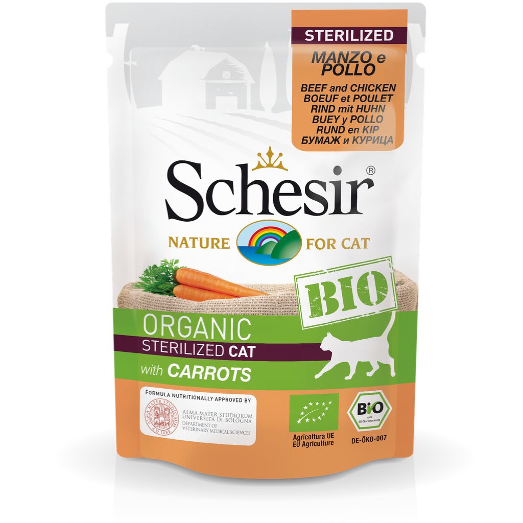 Schesir Bio Sterilized Cat Wet Food Beef & Chicken with Carrots 85g – 16 Pack
