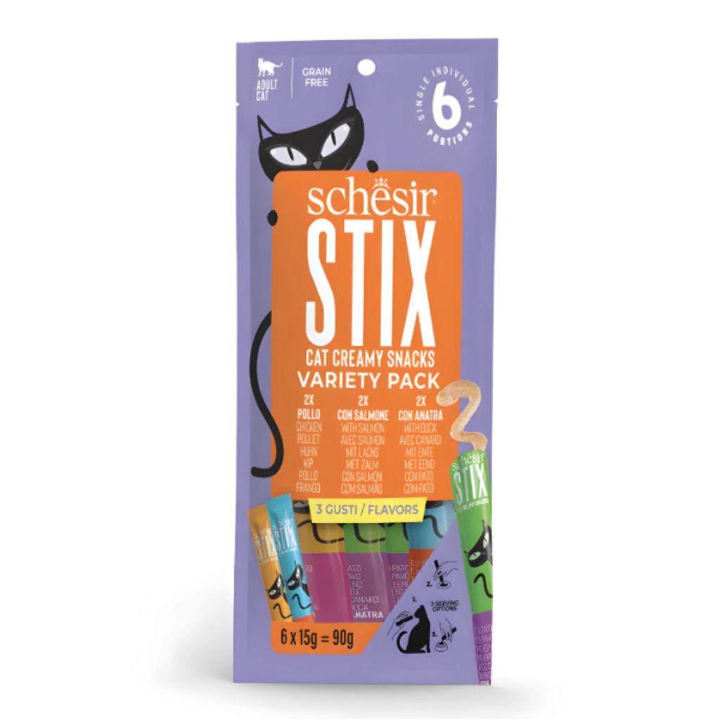 Schesir Stix Cat Treats – Mixed Flavors Chicken, Duck & Salmon, 6 Pack x 15g