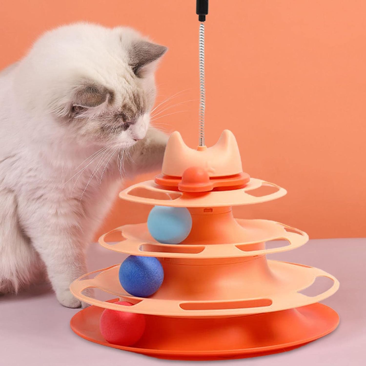 Pets Lounge 4-Tier Ring Ball Tower with Rotating Feather – Interactive Cat Toy