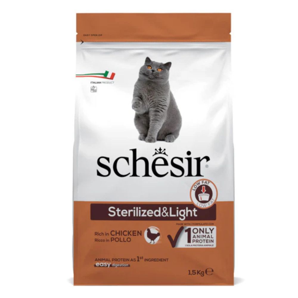 Schesir Cat Dry Food Sterilized & Light Chicken 1.5 kg – Single Protein Weight Control Formula for Adult Cats