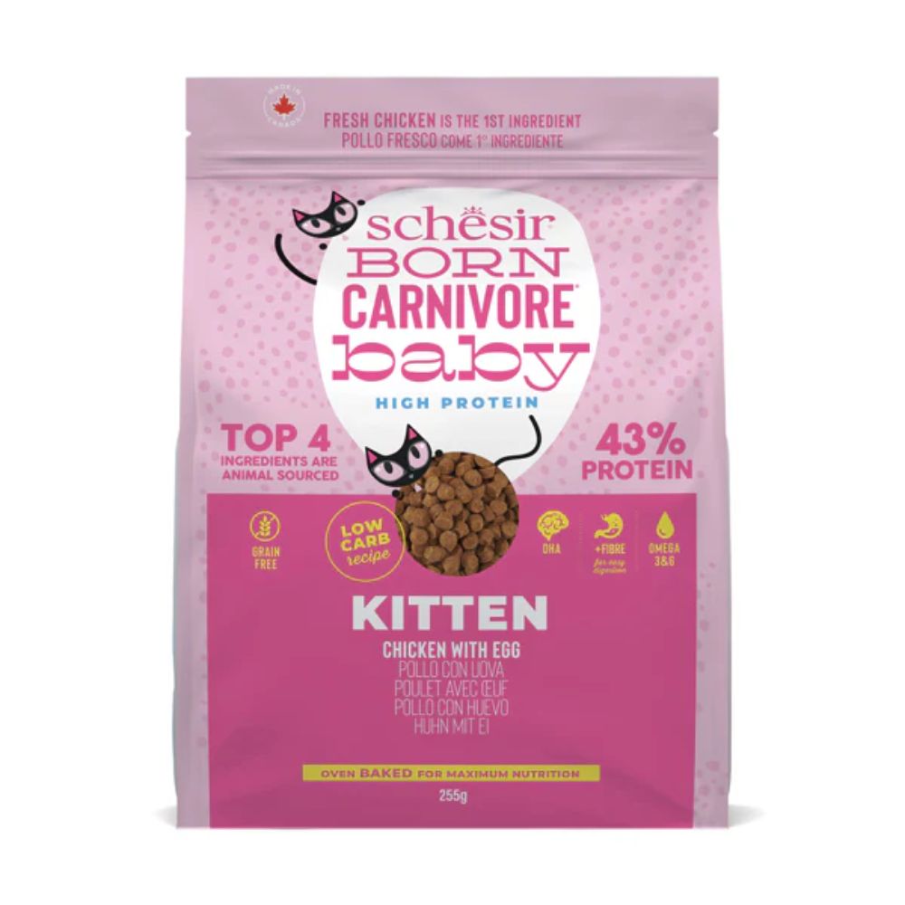 Schesir Born Carnivore Grain-Free High-Protein Kitten Dry Food 255 g – Chicken & Egg, Oven-Baked