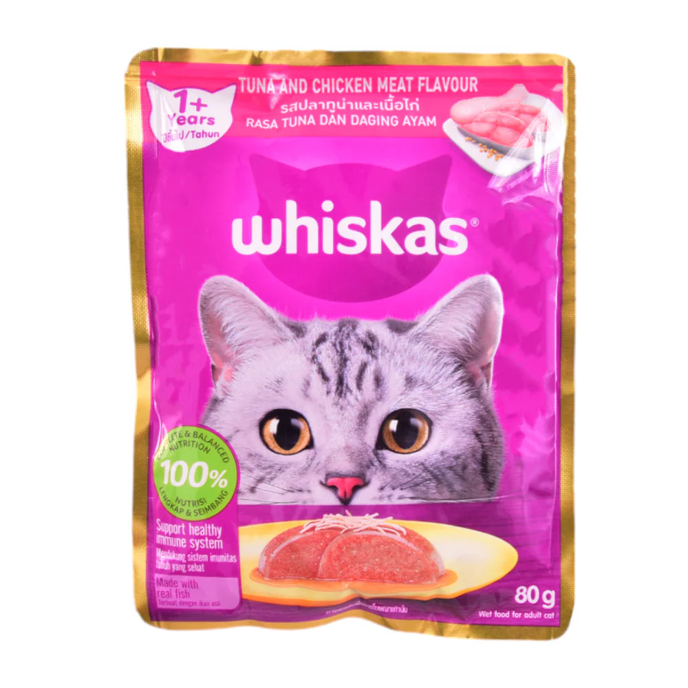 Whiskas 1+ Year Adult Cat Food Tuna and Chicken Meat Pouch 80gm