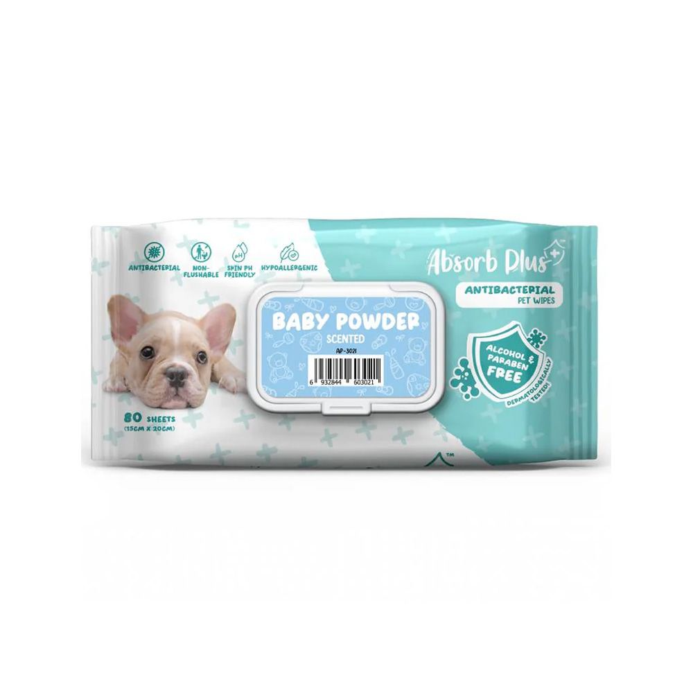 Absolute Pet Absorb Plus Antibacterial Baby Powder Pet Wipes - 80 sheets
