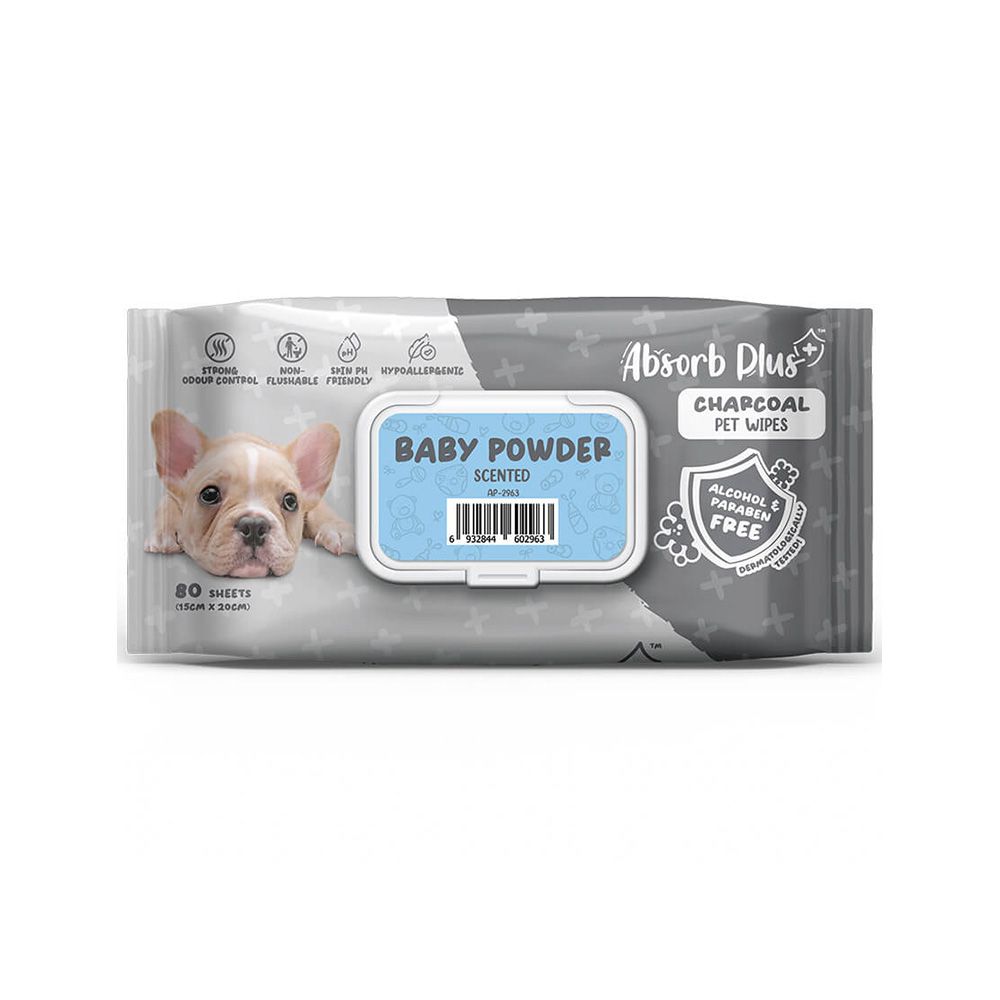 Absolute Pet Absorb Plus Charcoal Baby Powder Pet Wipes - 80 sheets
