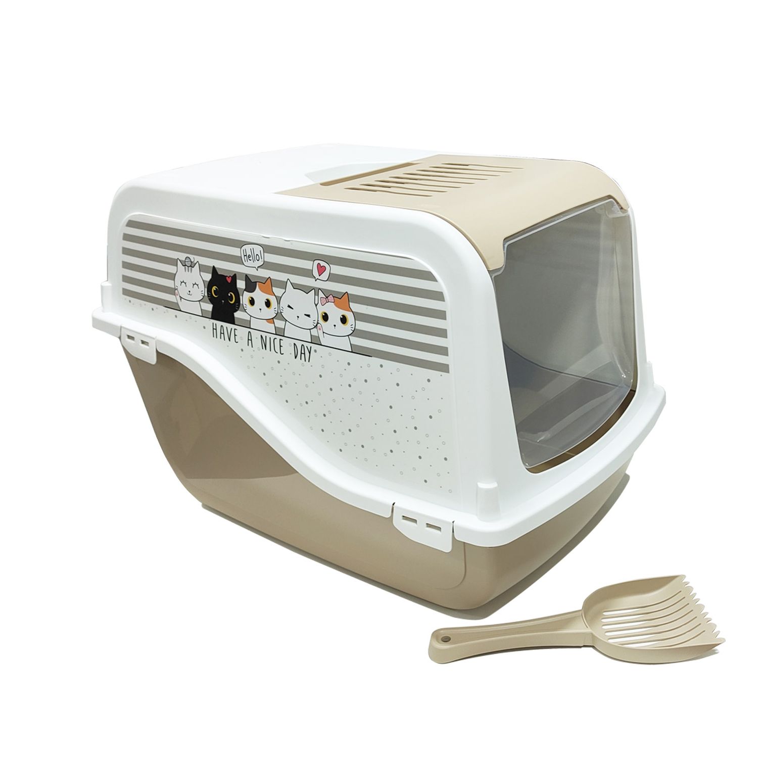 Bergamo Cat Litter Box Ariel Top Free with 5 Cat Clipart - 57L x 39W x 38H cm