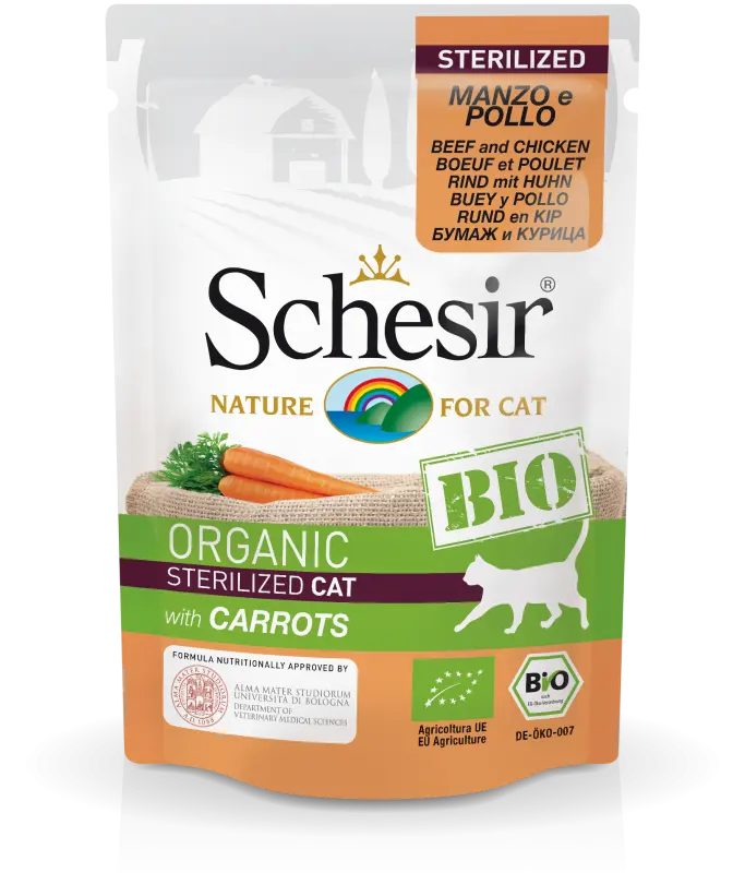 SCHESIR BIO BEEF AND CHICKEN WITH CARROTS STERILIZED CAT WET FOOD 85G