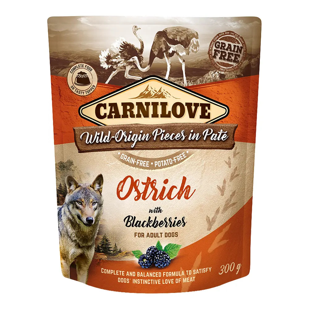 CARNILOVE OSTRICH WITH BLACKBERRIES FOR ADULT DOGS WET FOOD POUCH 300G