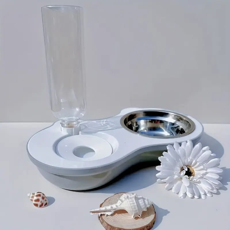 Cat Steel Food Bowl with Water Bottle Dispenser