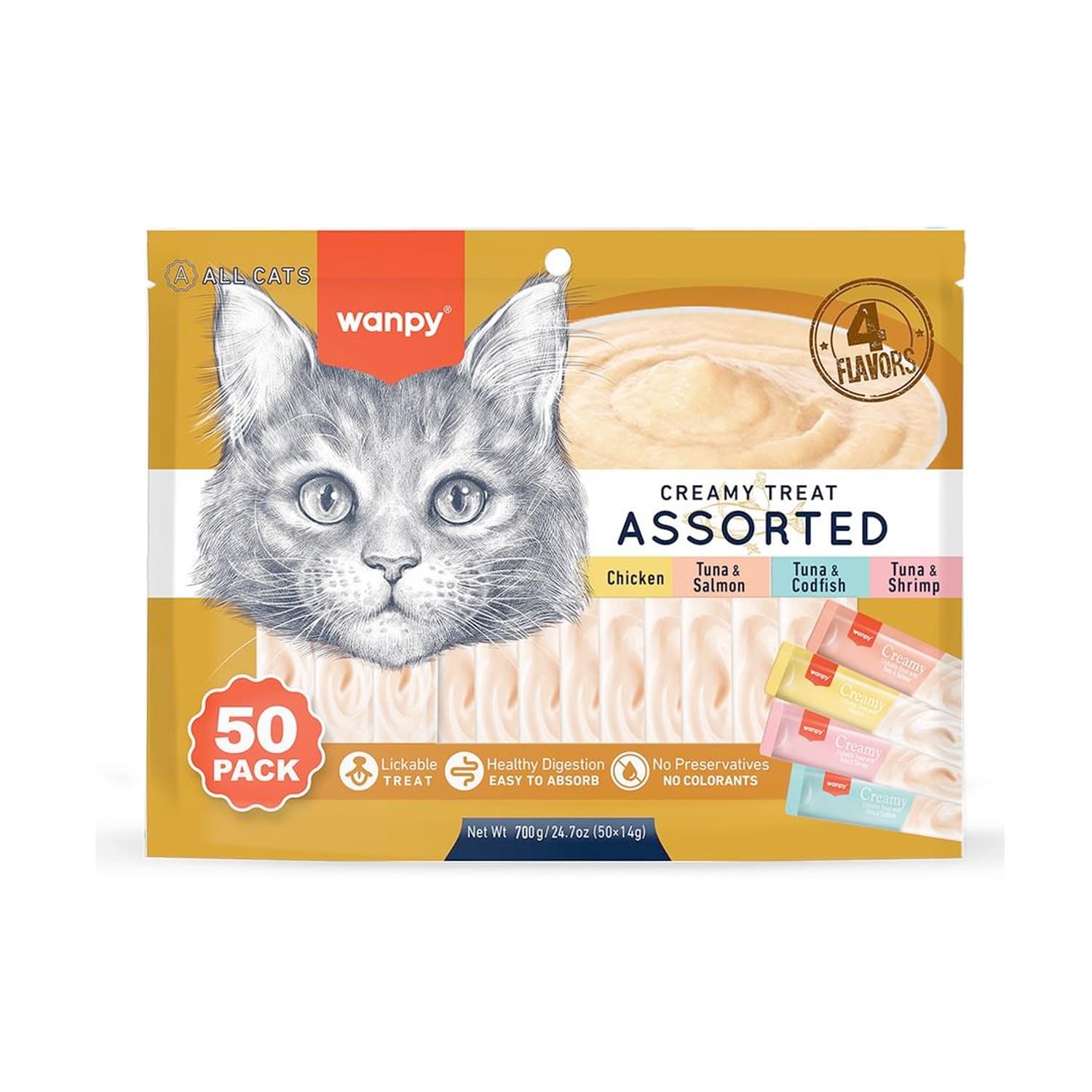 Wanpy Creamy Lickable Cat Treats Assorted 4 Different Flavors (14g x 50pc)