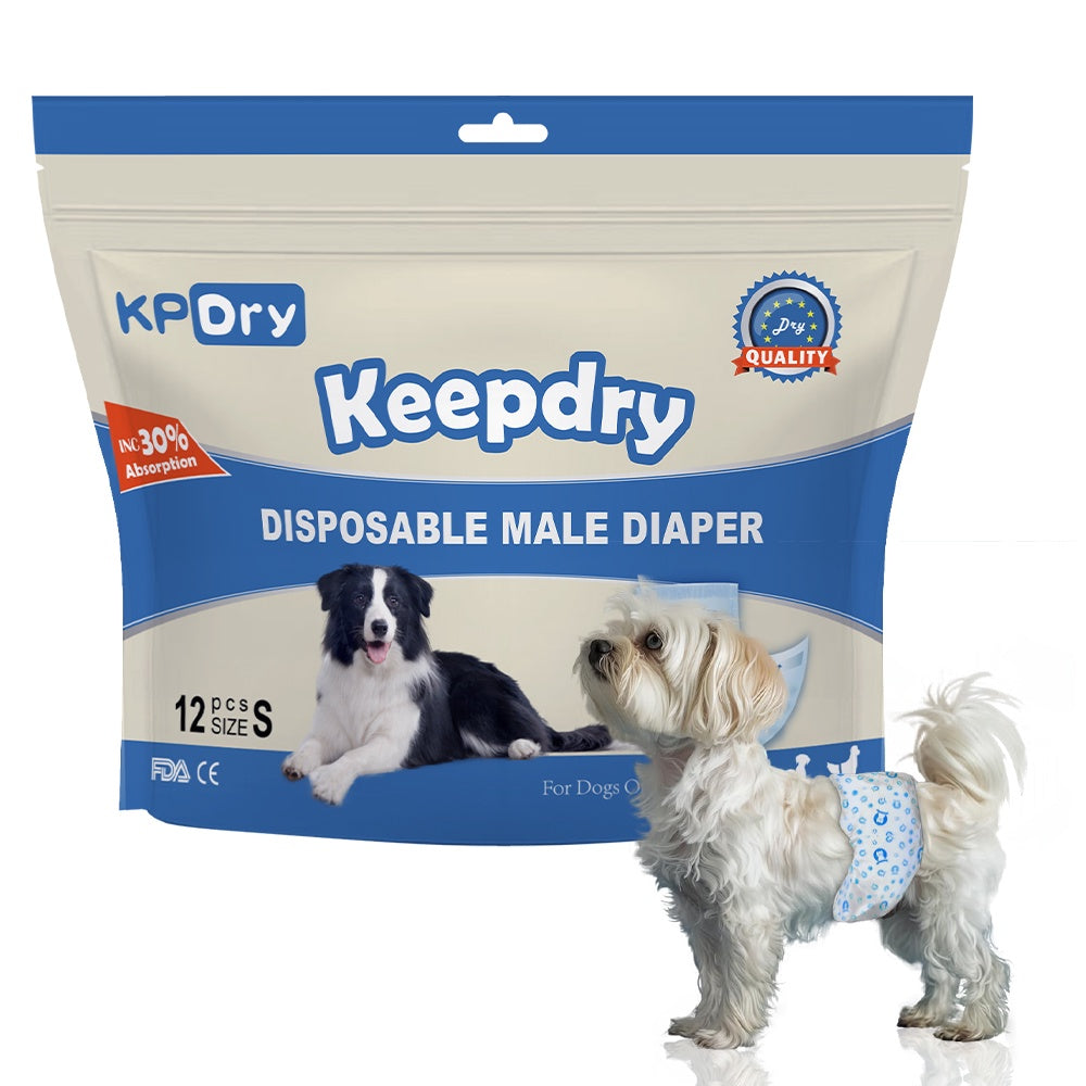 KPDry Disposable Male Dog Diapers 12 Pack - Leak Protection for All Sizes
