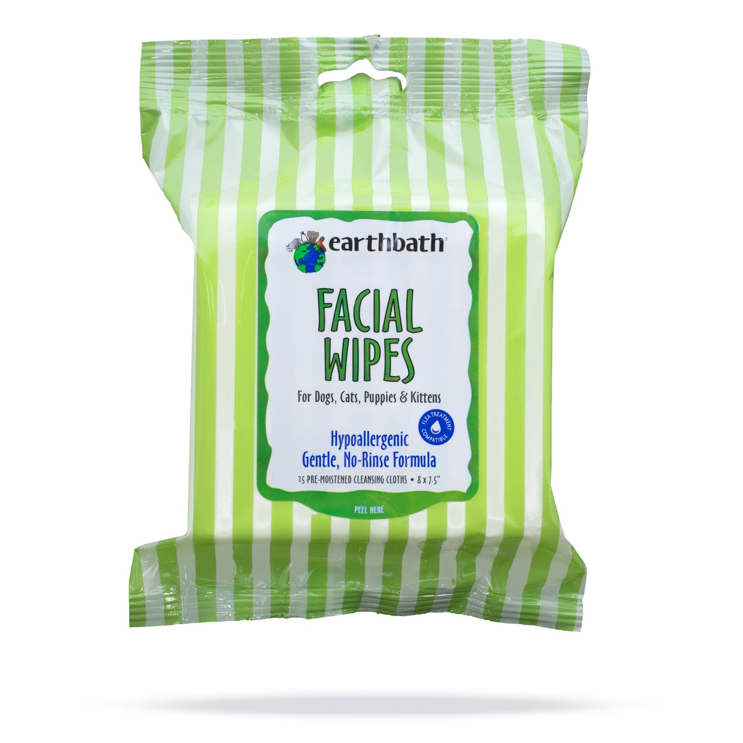earthbath® Facial Wipes, Hypo-Allergenic Cucumber Melon for Dogs, Cats, Puppies &amp; Kittens, 25 ct re-sealable package