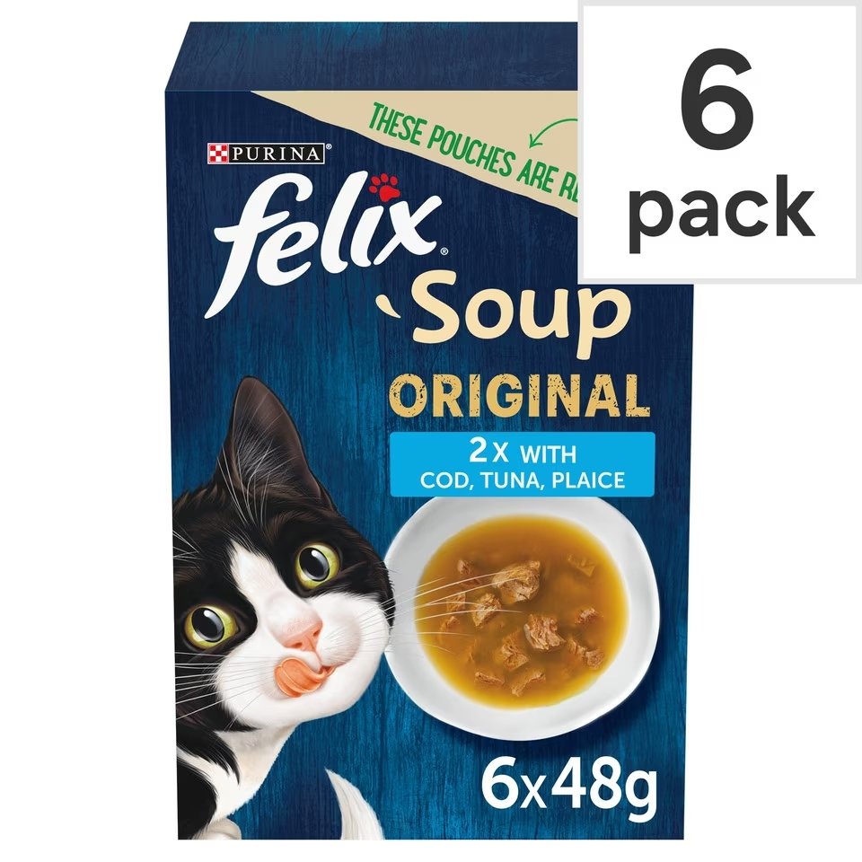 Felix Soup Tender Strips with Cod, Tuna and Plaice Wet Cat Food (6 x 48 Gram)