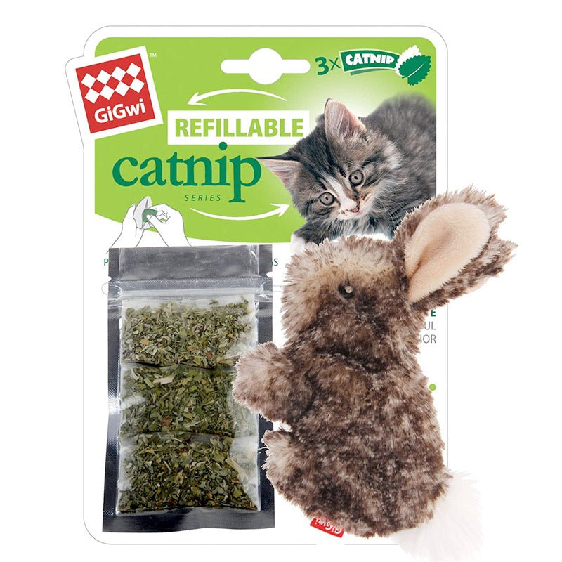 Gigwi Rabbit Fluffy Plush Cat Toy with 3 Refillable Catnip Bags
