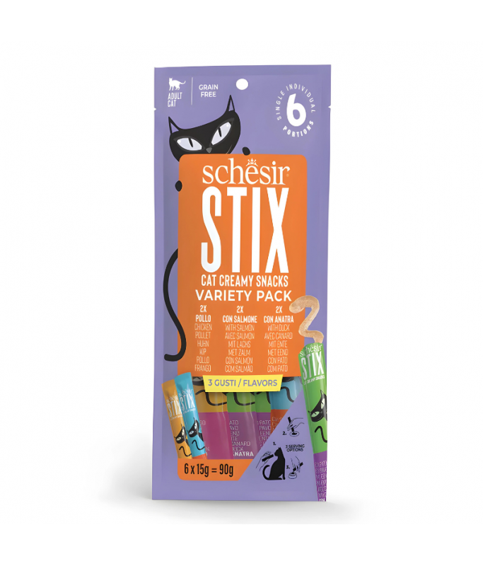 Schesir Stix Treat Variety Pack 6x15g - Mixed Flavors: Chicken,Duck & Salmon