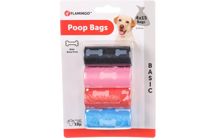 FLAMINGO POOP BAGS BONE PATTERN 4 ROLLS (15 BAGS IN EACH)