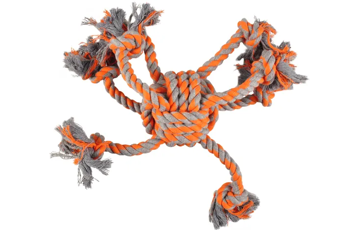 DOG TOY JAMES KNOTTED BALL OCTOPUS ORANGE & GREY