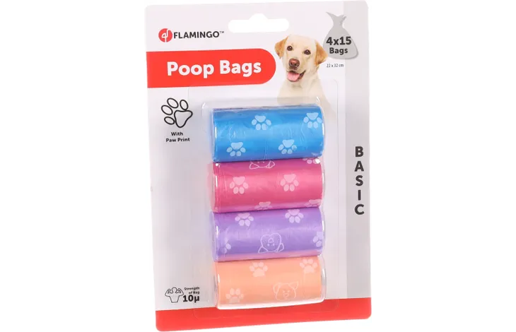FLAMINGO POOP BAGS PAW PATTERN 4 ROLLS (15 BAGS EACH)