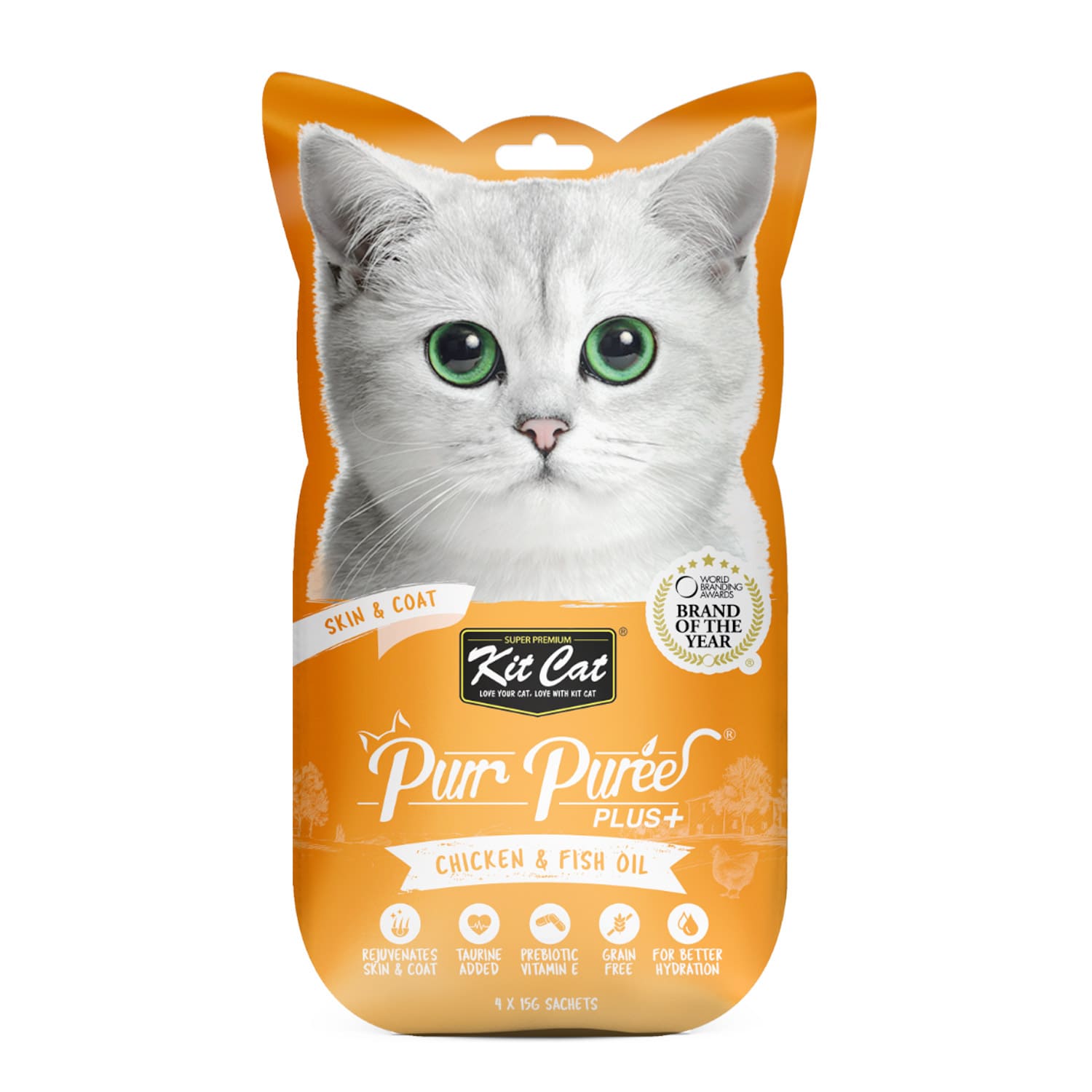 Kit Cat Purr Puree Plus+ Chicken & Fish Oil (Skin & Coat) Cat Treats 4X15G