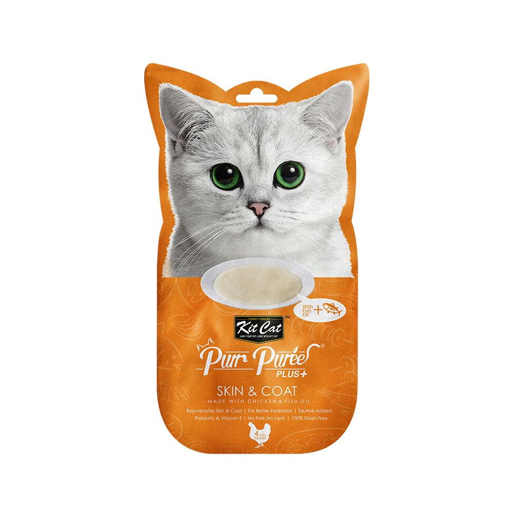 Kit Cat Purr Puree Plus+ Chicken & Fish Oil (Skin & Coat) Cat Treats - 4 x 15g