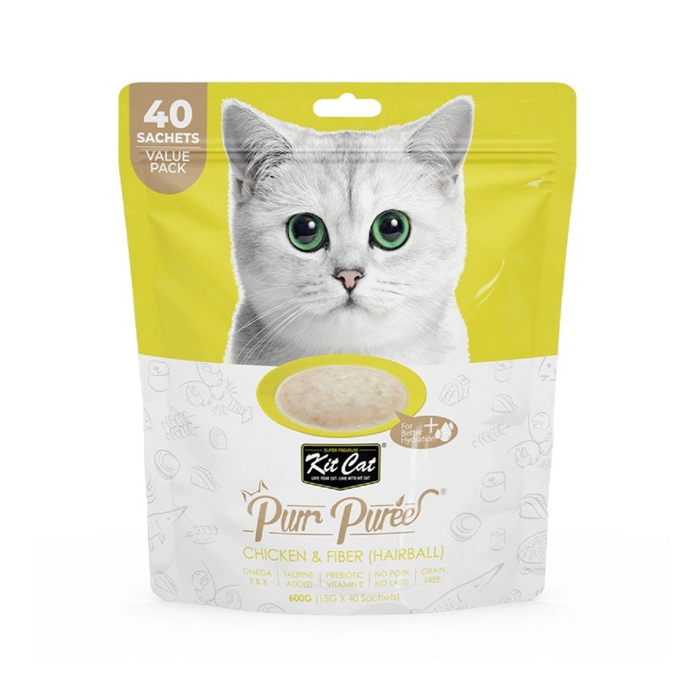 Kit Cat Purr Puree Chicken & Fiber Hairball (40 Sachets Value Pack) - 600g