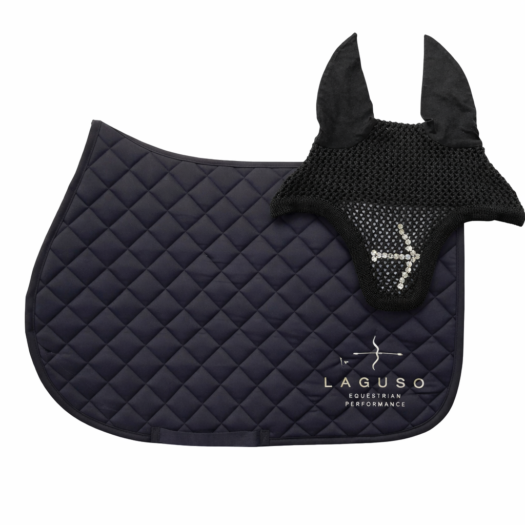 LAGUSO Luxury Black Saddle Pad & Swarovski Fly Hood Bundle