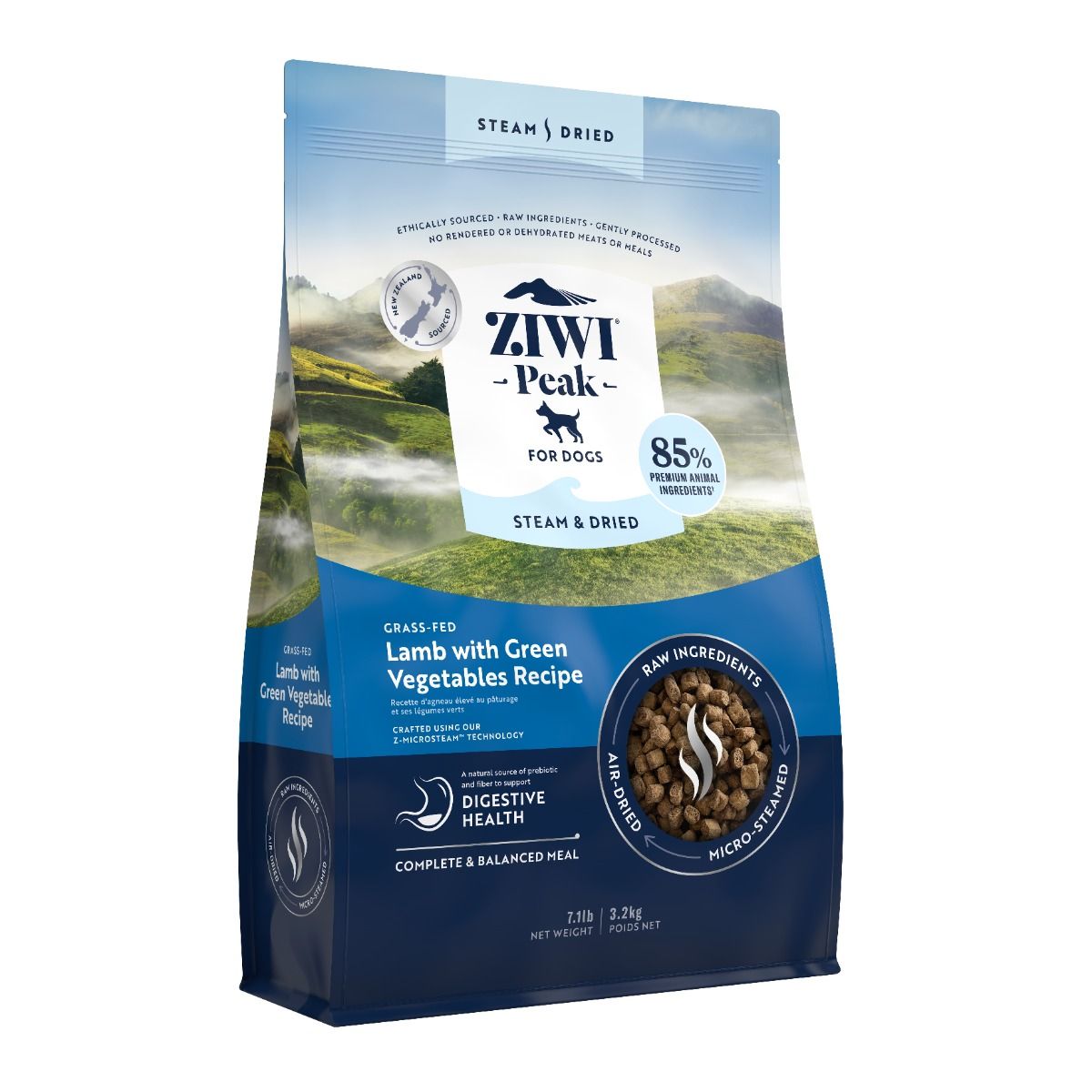 ZiwiPeak Steam & Dried Grass-Fed Lamb with Green Vegetables Recipe Dry Dog Food 3.2KG
