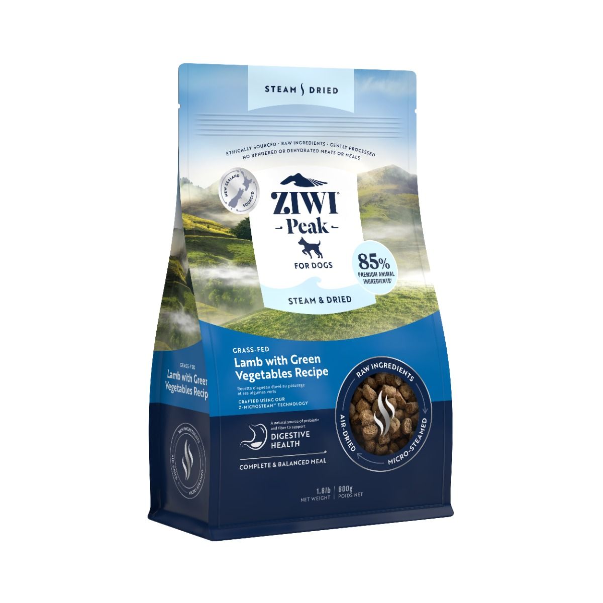 ZiwiPeak Steam & Dried Grass-Fed Lamb with Green Vegetables Recipe Dry Dog Food 800G