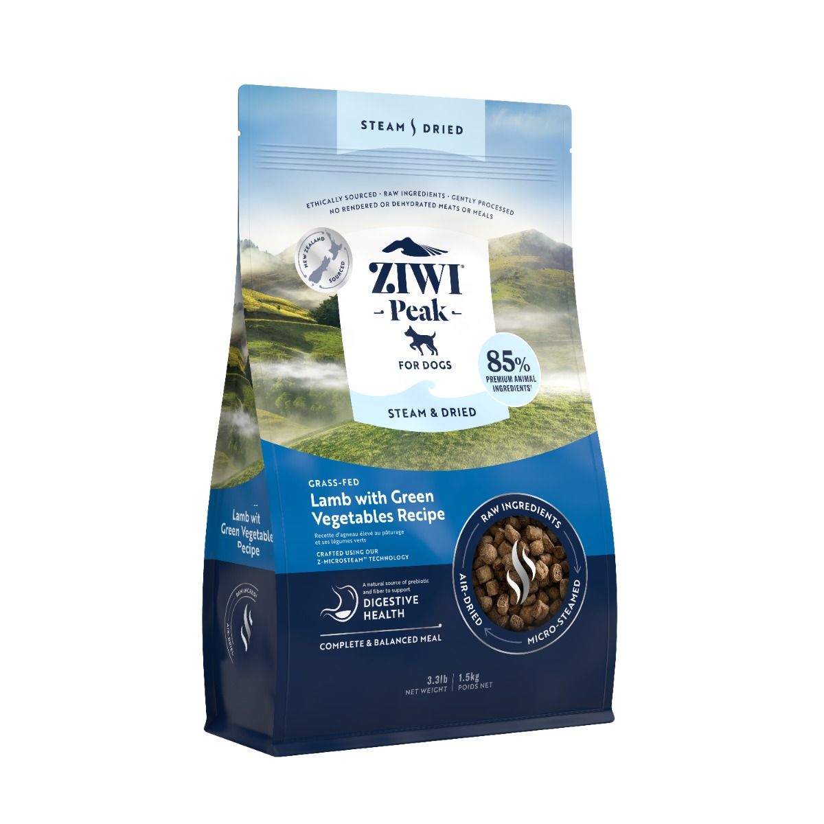 ZiwiPeak Steam & Dried Grass-Fed Lamb with Green Vegetables Recipe Dry Dog Food 1.5KG