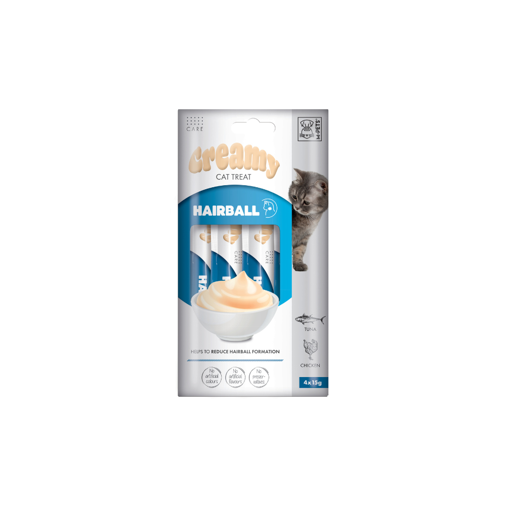M-PETS Creamy with Functions – Cat treat – Hairball – Tuna & Chicken 4x15g (60g)