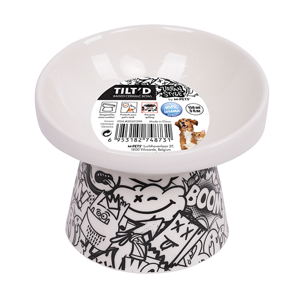 M-PETS Freestyle Tilt’d Raised Ceramic Bowl Black & White