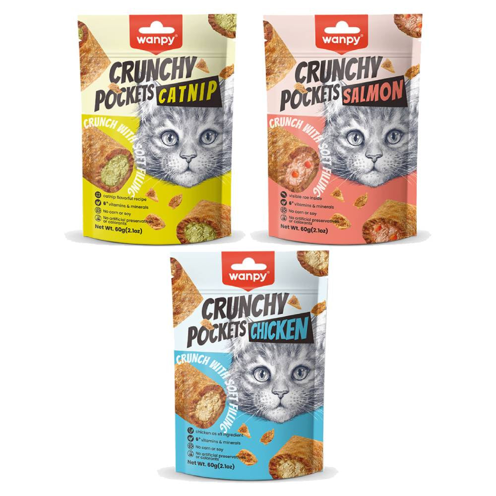 Wanpy Crunchy Pocket Cat Treats | Dual-Texture Dental Snack | Taurine & Vitamins | 60g